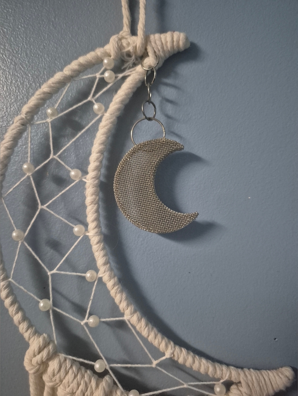 Bohemian Crescent Moon Cream Tone Macrame Dream Catcher Wall Hanging - Picture 2 of 6